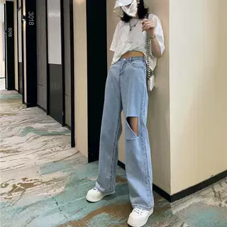 设计感破洞牛仔裤女新款夏高腰显瘦阔腿裤宽松垂感拖地裤
