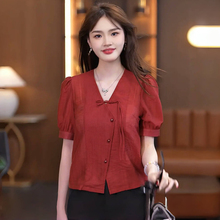 新中式短袖衬衫女士时尚休闲上衣2024夏季新款盘扣小个子短款衬衣