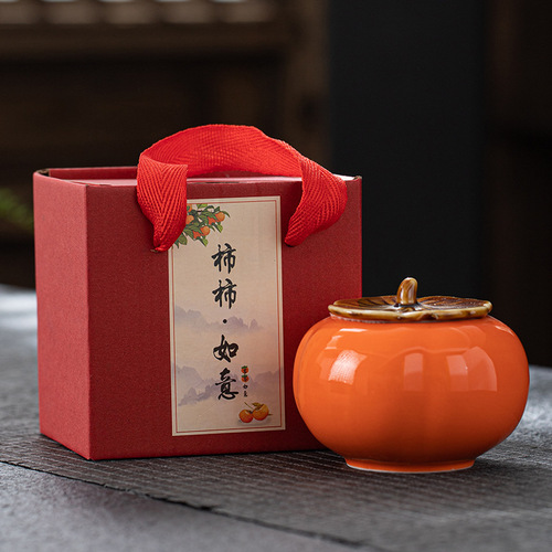 Direct Manufacturer Sale Solid Color Persimmon Good Fortune Ceramic Tea Can Sealed Can Wedding Candy Tea Gift Marriage Celebration Candy Canister