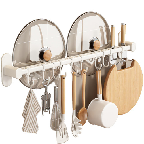 White kitchen hook rack without punching double pole knife holder pot lid rack wall hanging spatula space aluminum storage rack