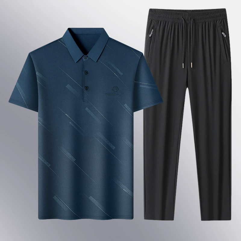 Мужской летний легкий деловой повседневный костюм-поло из ледяного шелка, костюм для среднего и пожилого возраста, быстросохнущий костюм для папы с короткими рукавами и лацканами