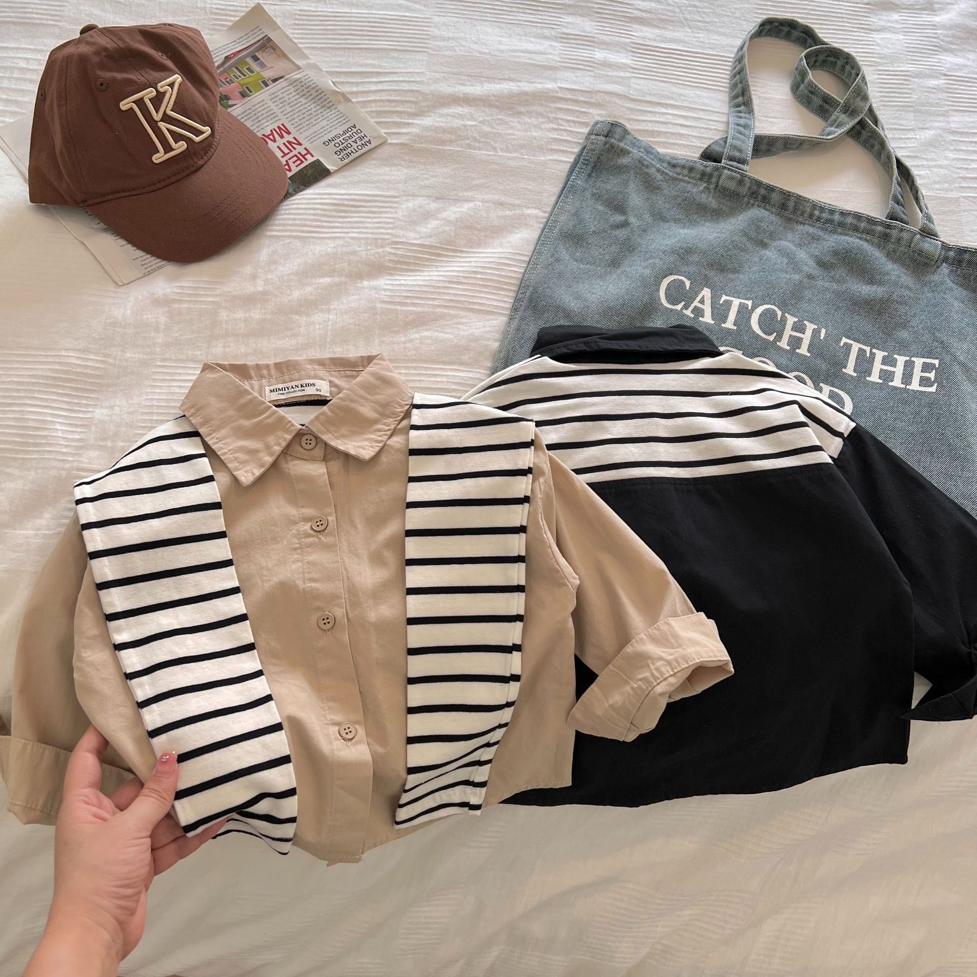 Camisas de niños estrella redonda 2025 otoño nuevo falso dos piezas de ropa de niñas camisa de chale de color sólido personalidad de primavera y otoño bebé