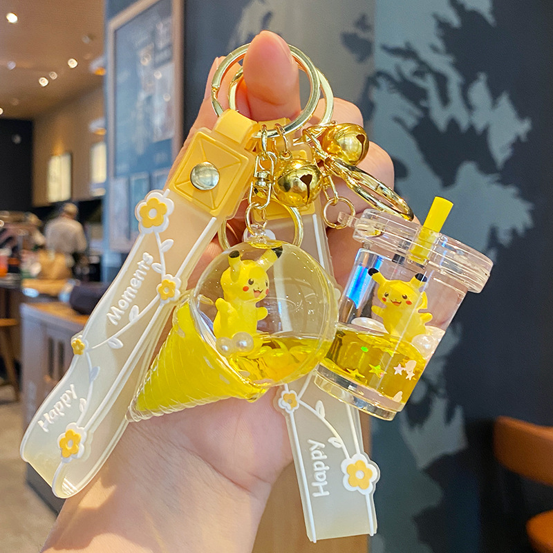 Internet Celebrant Pikachu Liquid Sand Bottle Keychain Women's Creative Cute Ice Cream Children's School Bag Pendant Small Jewelry