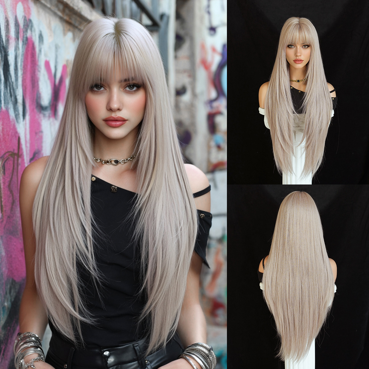 Peruca de moda femenina cara redonda capa de cabello recto super largo cabello negro completo peluca de alta calidad fibra química cubierta de cabeza