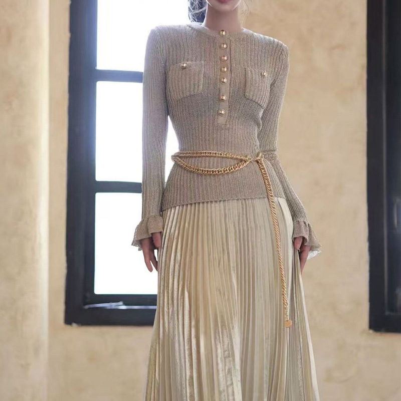 Sp Elegant Women's Clothing 2025 Autumn and Winter Holiday Two-Piece Outline Golden Layered Round Neck Long-Sleeved Long Dress