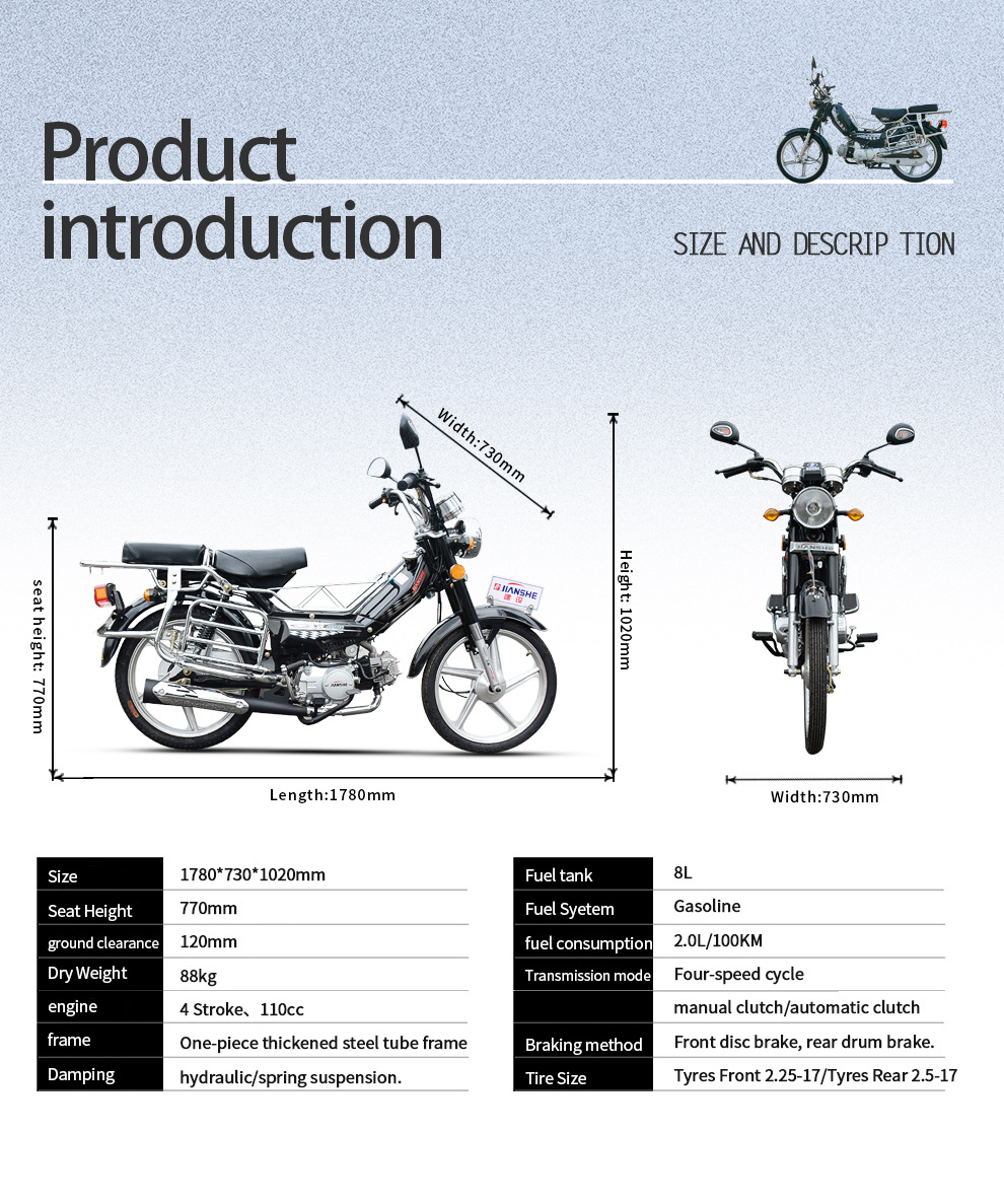 Brand New Jianshe Curved Beam Motorcycle 110Cc, Two-Wheeled Lightweight Retro Two-Wheeled Motorcycle for Grocery Shopping and Work Clothing