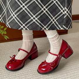 红色法式圆头jk配裙子粗高跟小皮鞋女2025新款夏季增高玛丽珍单鞋