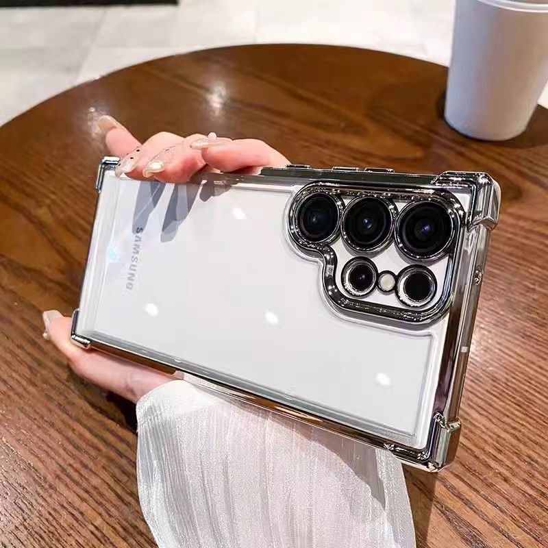 Suitable for Samsung S26Ultra Mobile Phone Case, Transparent Electroplated Airbag Anti-Fall S25Fe Hard Case with Lens Film S23 Protection