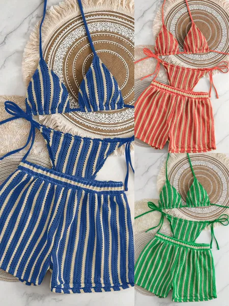 Xiaoshu 2026 New Cross-Border European and American Style Mesh Lace-Up High-Waisted Multi-Color Split Swimsuit Bikini Three-Piece Set