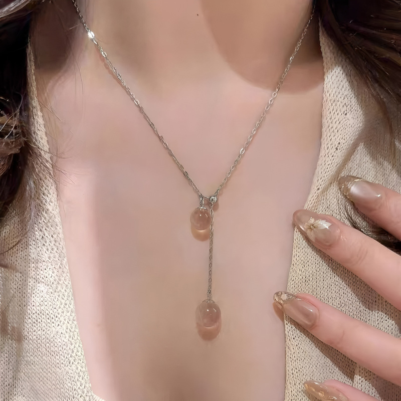 s925纯银冰透白水晶项链女ins风双圆球滑珠可调节小众设计锁骨链|undefined