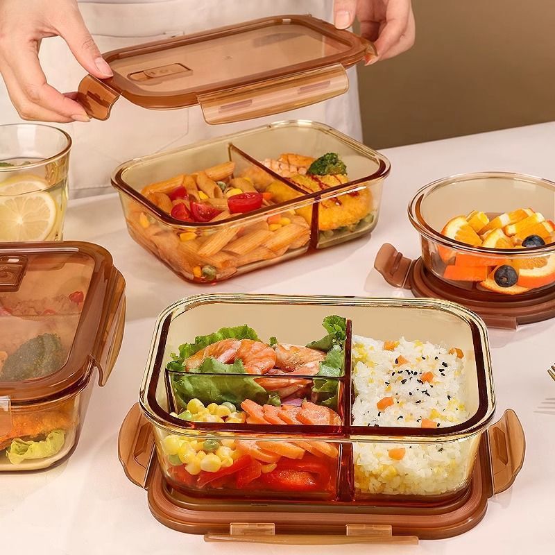 Ultra-Light Glass Lunch Box, Round Amber Color, Microwaveable, Lunch Box for Office Workers with Lid, Separated Fresh-Keeping Bowl