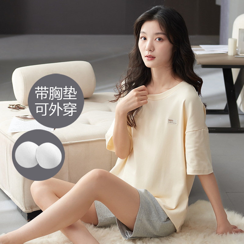 Pijamas de verano para mujer con almohadillas para el pecho, pantalones cortos dulces y bonitos que se pueden usar en el exterior, conjunto de algodón puro de manga corta, novedad 2026, ropa para el hogar