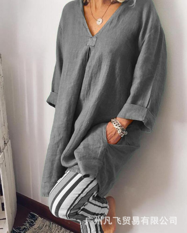 2021 women's new Amazon AliExpress long shirt T-shirt V-neck top + striped Slim Leggings