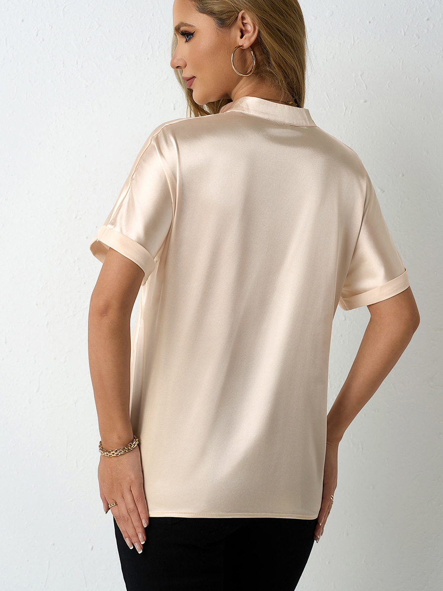 Disparo real Amazon estilo caliente color sólido satén europeo y americano ropa de mujer transfronteriza con hombros y cuello alto camisa de manga corta camisa satinada
