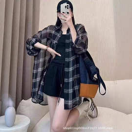 法式复古防晒格子长袖衬衫女上衣秋季宽松轻薄微透设计感外套衬衣