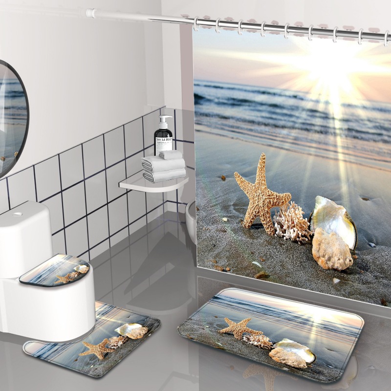 Impresión digital de ondas cortina de baño sin agujeros partición de baño cortina impermeable baño cuatro piezas conjunto de dibujo se puede fijar image 10