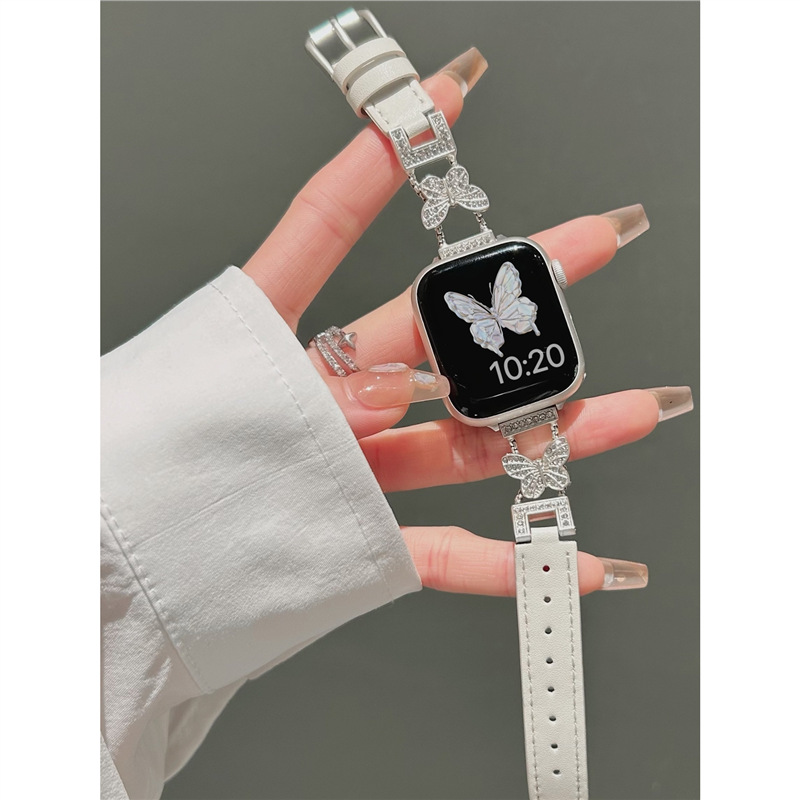 Butterfly Leather Suitable for Apple Watch Iwatch10 Strap S9/Se Soft Leather Applewatch876 Accessible Luxury Women