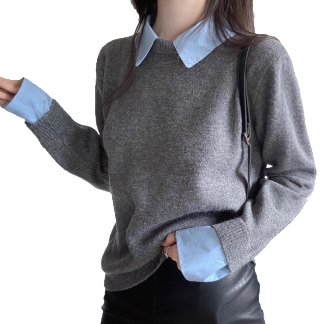Coreano simple ocio vacaciones dos piezas camisas de punto de moda de primavera y otoño nicho camisa retro cuello suéter image 6