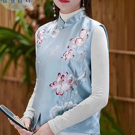 中国风新中式上衣唐装禅意古典精致刺绣改良旗袍外搭蓝色马甲外套