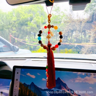 Temple-Style Carved Boxwood Car Rearview Mirror Pendant with Eighteen-Seed Lotus and Small Buddha for Safety (Car hanging) - eighteen-seeds-lotus-pendant