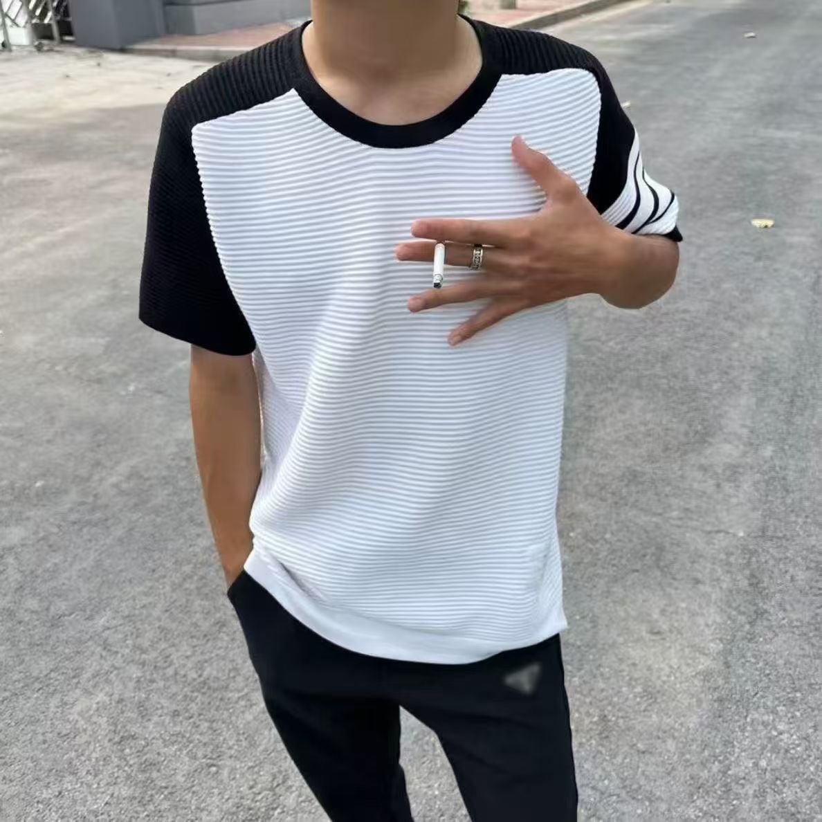 T-shirt de manga corta para hombres TB insertado rayas tricolores cuatro barras viejas líneas de hielo de verano fábrica transfronteriza al por mayor