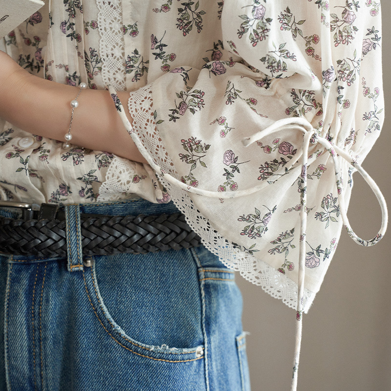 """"White Drawing Work Room"""""Doleli Garden""""Autumn Combed Cotton French Girl Floral Lace Shirt for Women
