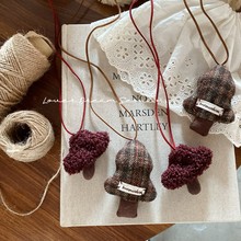 韩国ins秋冬新款毛绒格子布艺蘑菇儿童项链 可爱时尚毛衣链项饰女