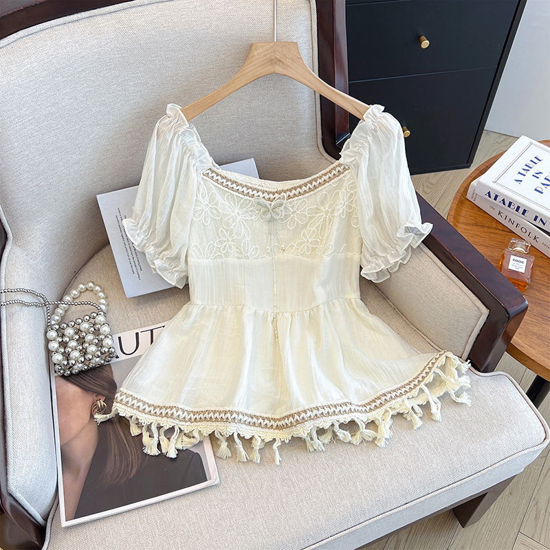 Bohemian French Sweet Ethnic Style Embroidered Lace Patchwork Shirt with Waist Tassels for Women Ruffled Top for Women