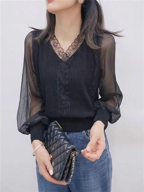 秋季新款蕾丝雪纺拼接针织衫长袖V领修身衬衫女御姐风洋气百搭