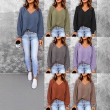 2025外贸跨境新款女装 休闲V领长袖套头宽松净色多色女式卫衣