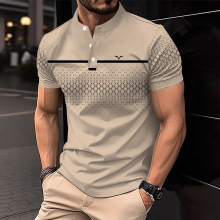 新款时尚男士商务休闲运动个性拼接撞色几何条纹印花短袖立领Polo