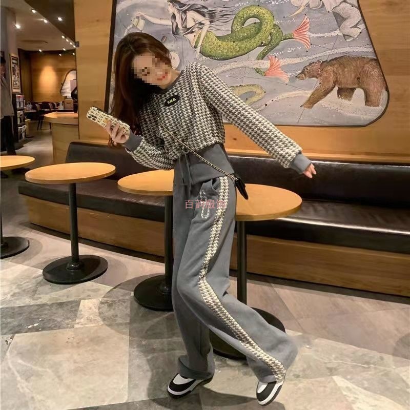 休闲运动套装女秋季2025新款网红小个子时尚减龄卫衣阔腿裤两件套|undefined