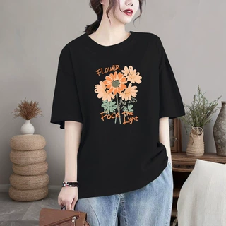 现货外贸跨境花朵印花纯棉短袖夏季新款休闲宽松圆领t恤半袖上衣