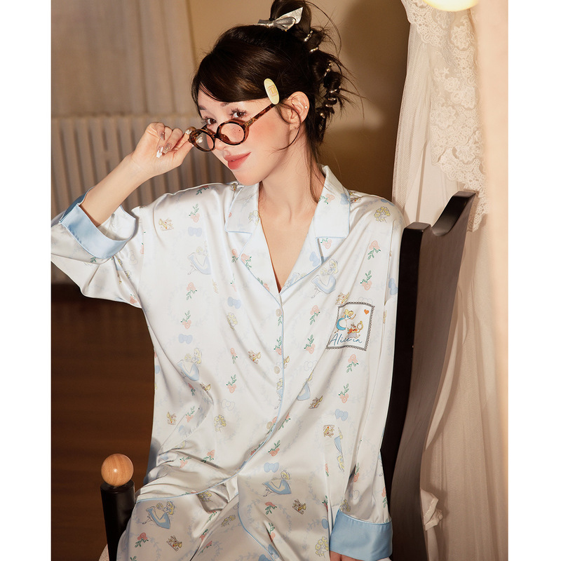 Runma Genuine Joint Alice Spring and Summer Pajamas Women's Long Sleeve Soft Ice Silk Home Clothes Cardigan suit