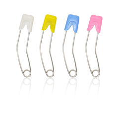 4 pcs Banana-shaped children's dual safety pins with plastic heads, child-safe stainless steel mixed-color pins for wholesale