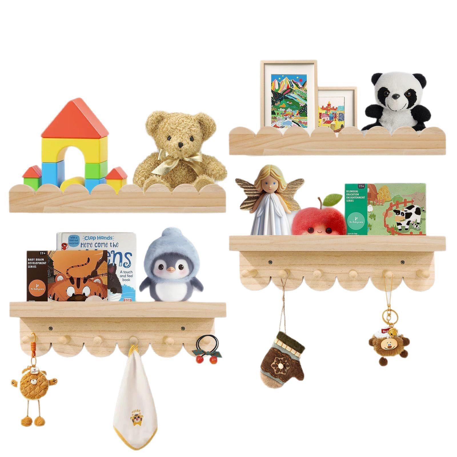 Деревянная настенная полка для хранения с крючками для ключей, оптовая продажа, полка для хранения мелочей в гостиной, стойка для кукол