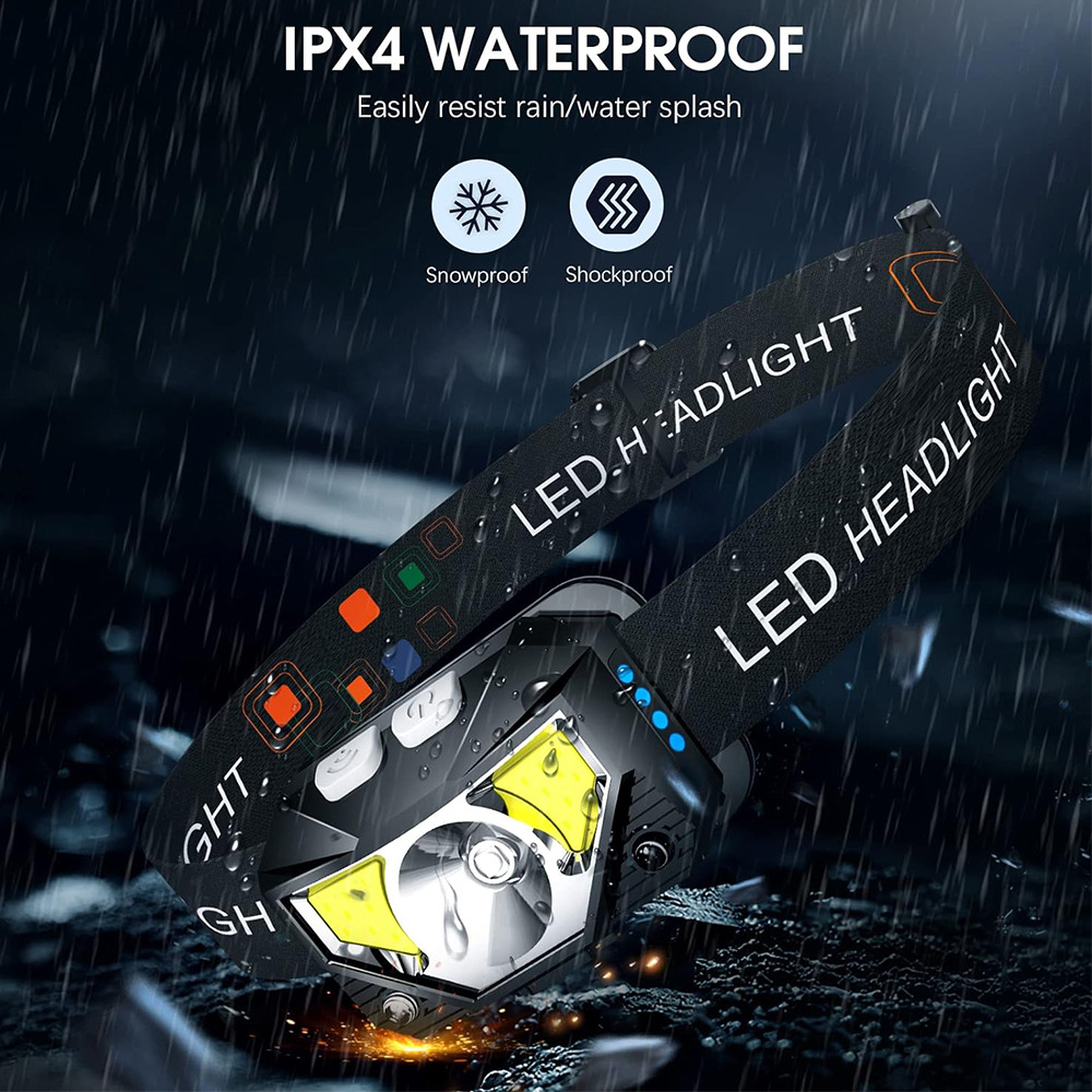 USB charging warning Red LED strong light sensing headlight COB outdoor night fishing waterproof headlight_voghion.com