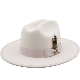 速卖通亚马逊欧美时尚情侣羽毛米色毛呢礼帽平檐大檐包边爵士帽子