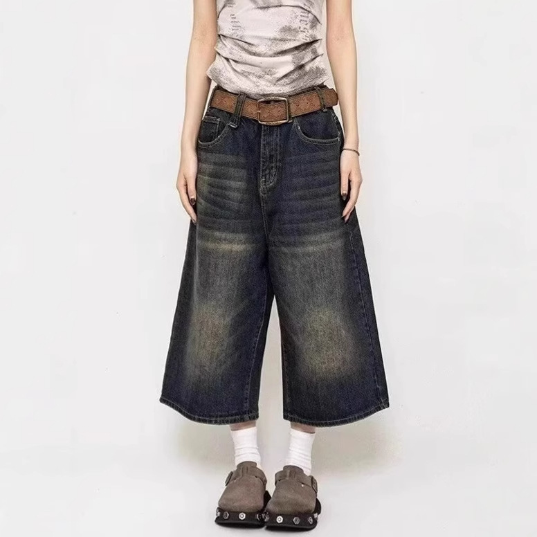 American-style Vibe High Street Vintage Washed Old Cropped Pants Men's Loose Straight Casual Denim Shorts Wide-leg Pants