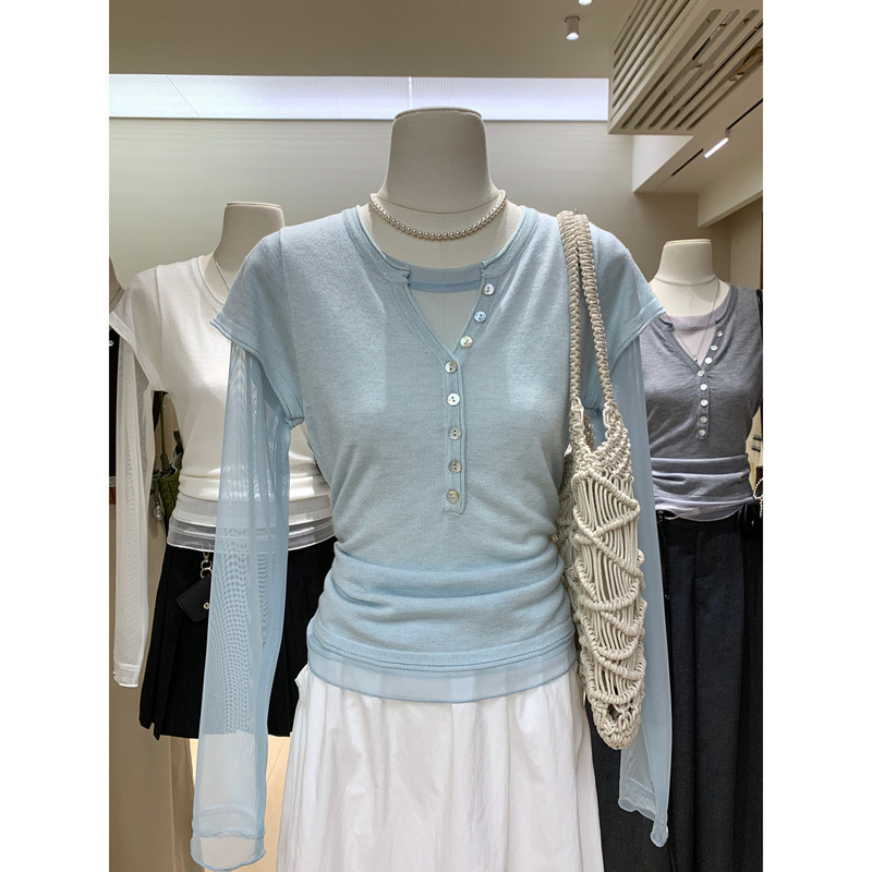 Breathable Sheer Mesh Round-Neck Long-Sleeve T-Shirt + Soft V-Neck Button-Up Short-Sleeve Knit Top Layered Aesthetic Two-Piece Set