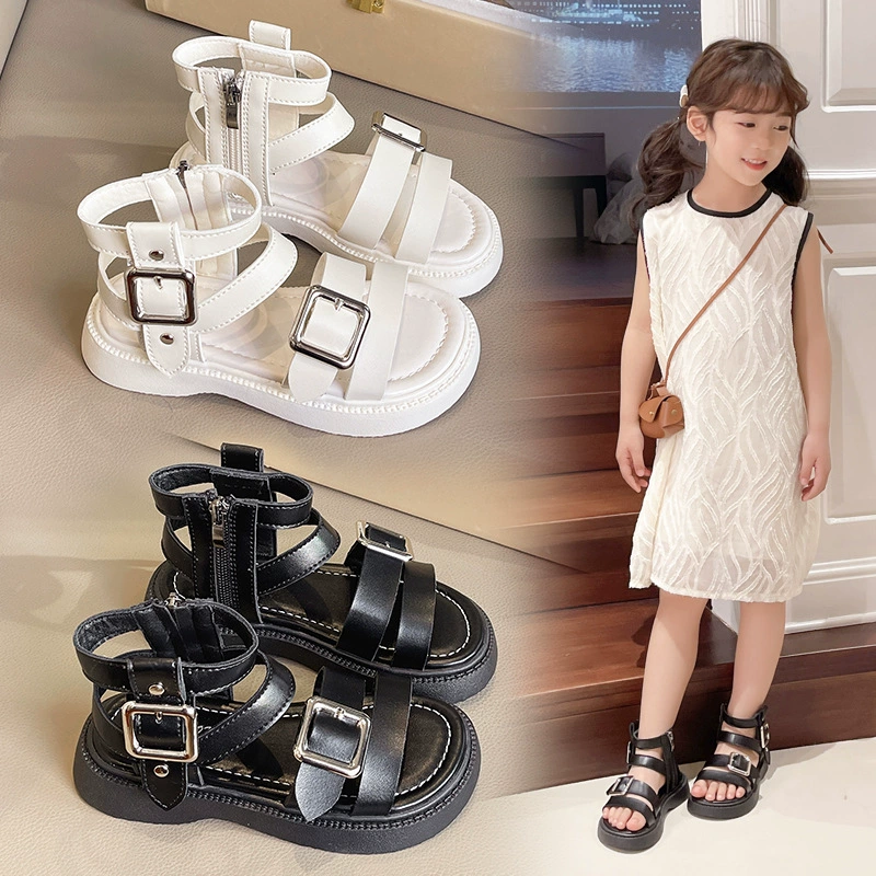Римские сандалии для девочек 2025 лето новая внешняя торговля серебряная пряжка обувь принцессы детская нескользящая студенческая обувь пляжная обувь