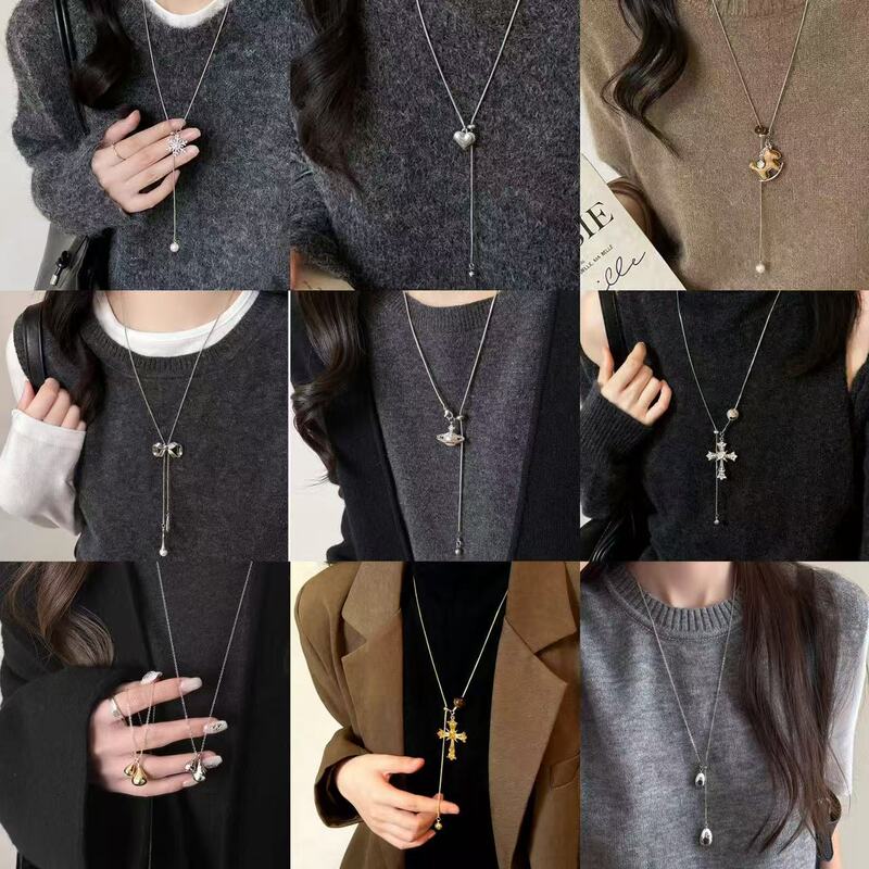 2025 New Pearl Saturn Pendant Necklace with a High-End Feel, Adjustable Pull Chain, Autumn and Winter Titanium Steel Sweater Chain Accessory for Women