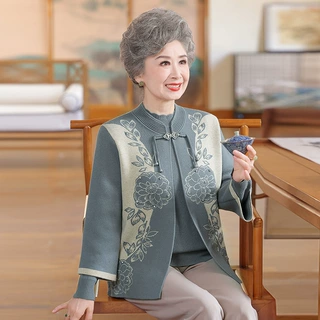 中老年人女装秋装喜婆婆两件套妈妈衣服60岁老太太针织衫奶奶毛衣