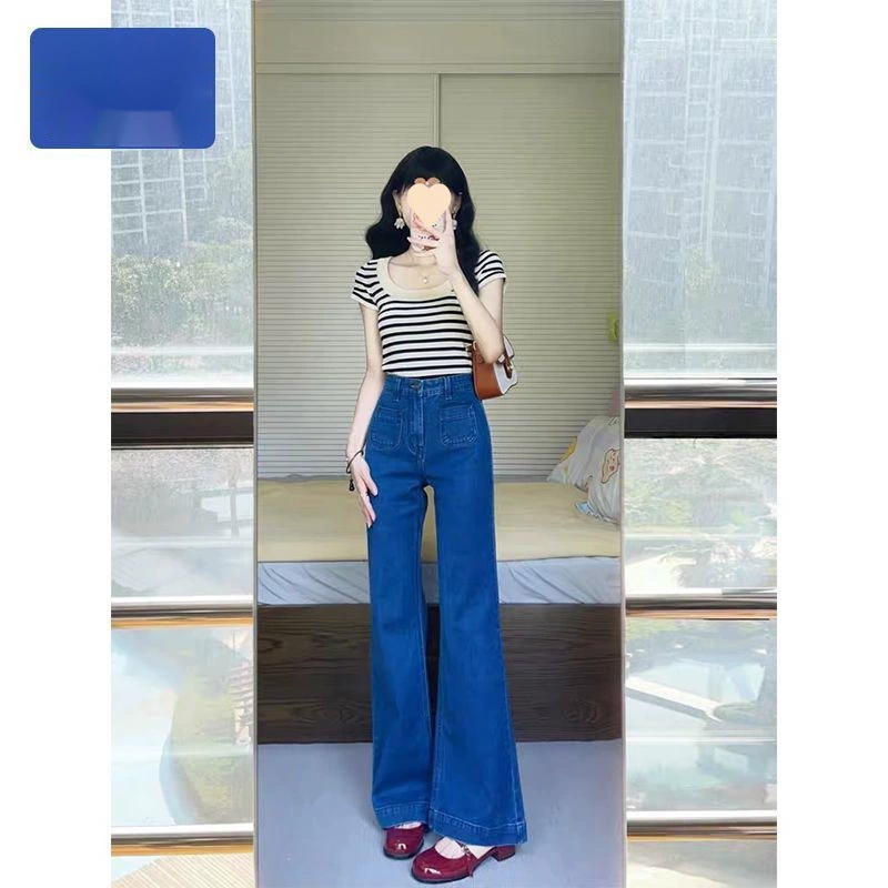 Ретро французские джинсы женские темно-синие с высокой талией