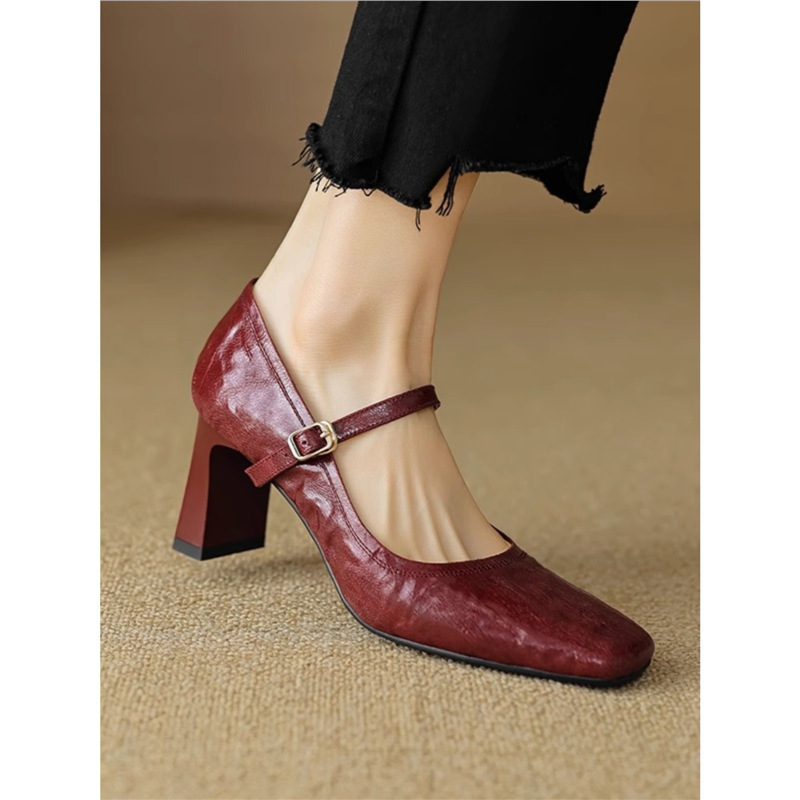 in stock ~ Super Soft Lambskin Not Tired High Heels Women's Black 2025 Spring French Retro Square Toe Chunky Heel Single-layer Shoes