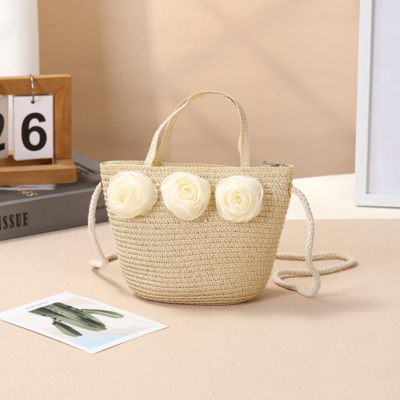 Women's Gender Women's Straw Color Block Flower Vacation Beach Weave Square Zipper Straw Bag