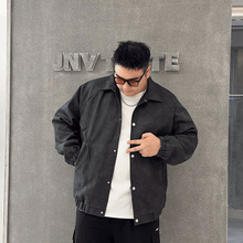 蝈蝈原创大码男装翻领PU夹克秋季哑光荔枝纹宽松翻领夹克外套黑色