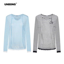 UNBDNS慵懒气质绑带半开襟条纹T恤2025女夏长袖透气防晒罩衫上衣