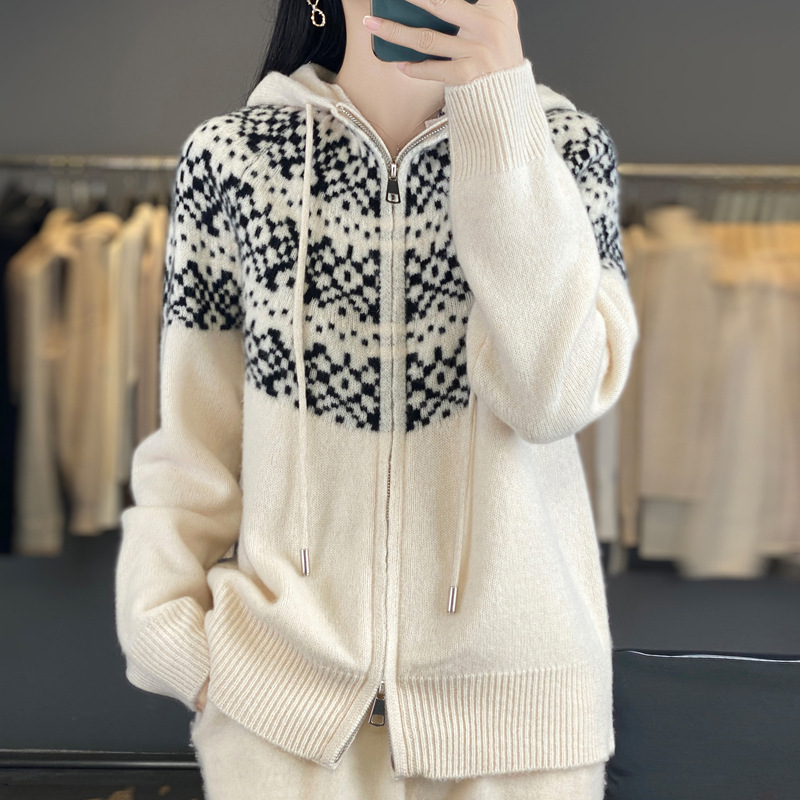 Retro Fair Isle Jacquard Hooded Double Zipper Thickeneded Pure Wool Knitted Cardigan Women's Autumn and Winter New Jacket Top Retro Fair Isle Jacquard Hooded Double Zipper Thickeneded Pure Wool Knitted Cardigan Women's Autumn and Winter New Jacket Top