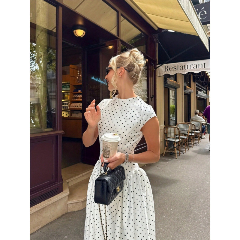 Retro-style, fitted, A-line short-sleeved dress for women, 2026 summer new collection, elegant and slimming, polka-dot long dress, perfect for vacations Retro-style, fitted, A-line short-sleeved dress for women, 2026 summer new collection, elegant and slimming, polka-dot long dress, perfect for vacations